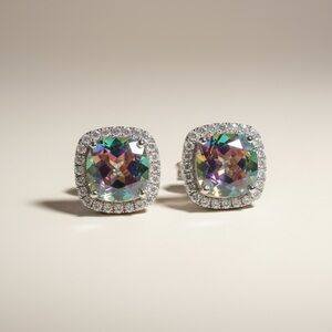 Solid 925 Sterling Silver Cushion Cut Moissanite Multi Color Halo Stud Earrings